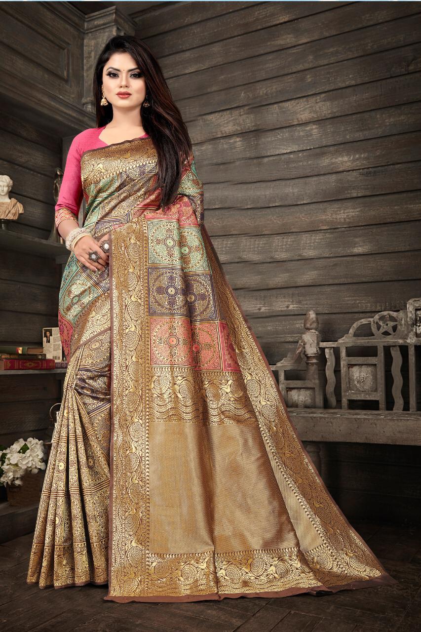 Graceful Beige Banarasi Silk Saree With Flawless Blouse Piece