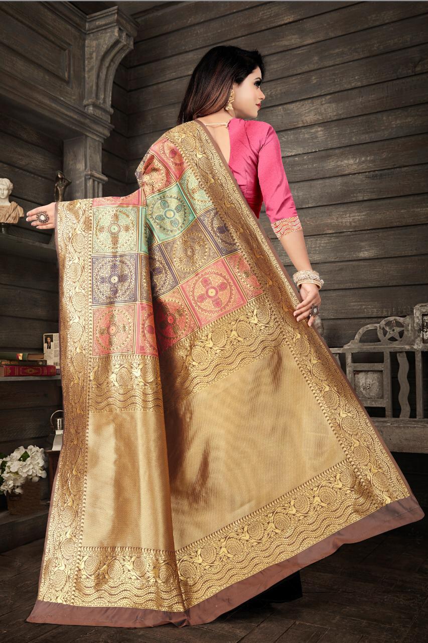 Graceful Beige Banarasi Silk Saree With Flawless Blouse Piece
