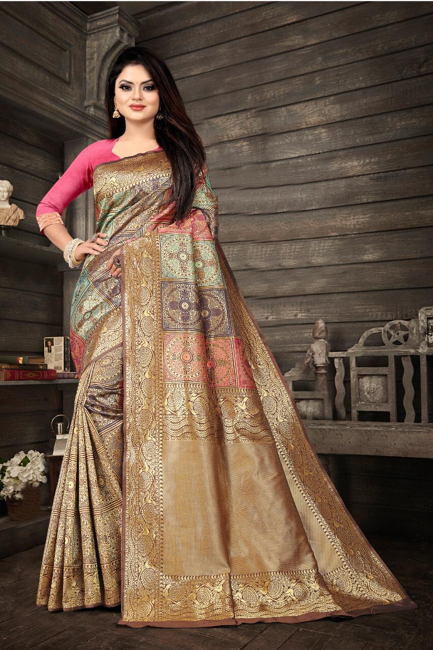 Graceful Beige Banarasi Silk Saree With Flawless Blouse Piece
