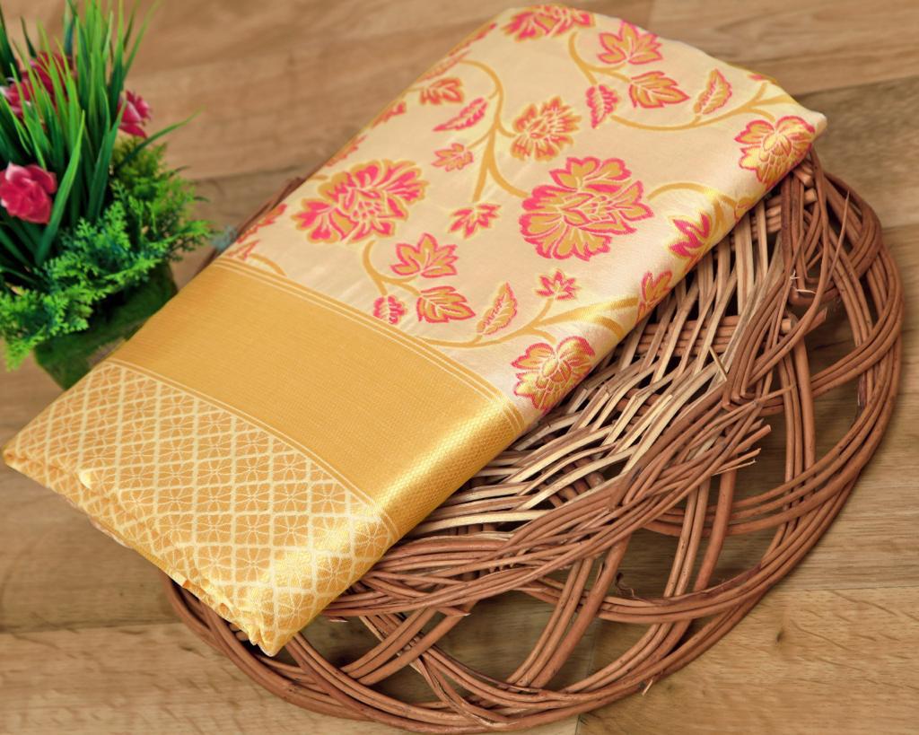 Breathtaking Beige Banarasi Silk Saree With Ethereal Blouse Piece