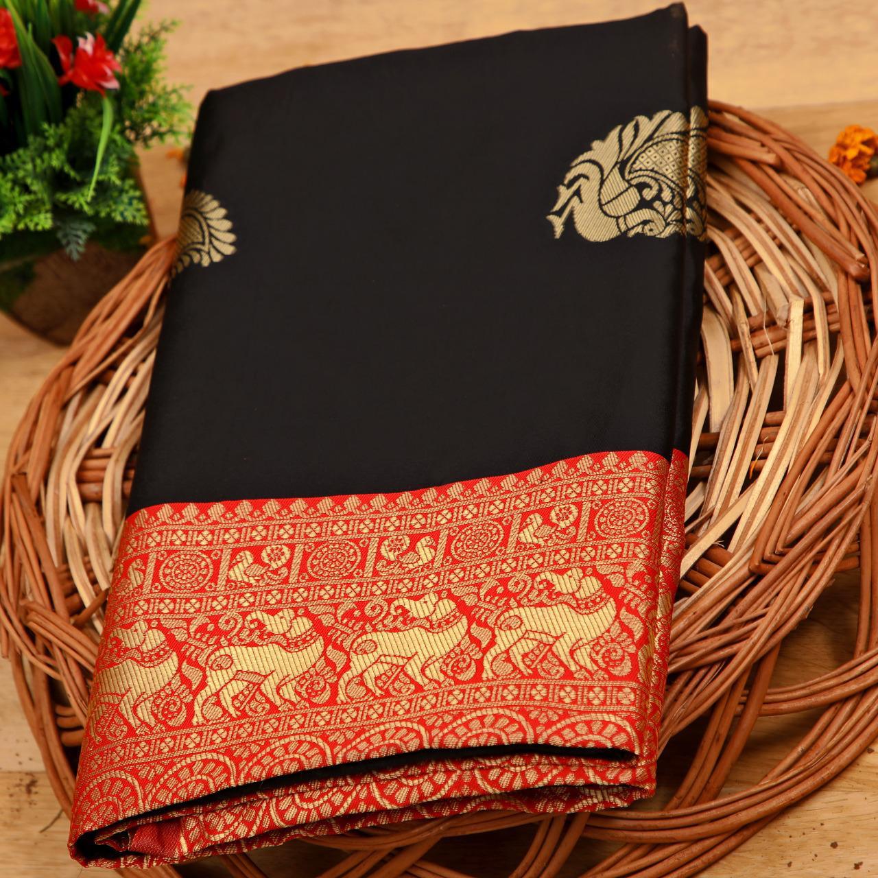 Scintillating Black Soft Silk Saree With Magnetic Blouse Piece