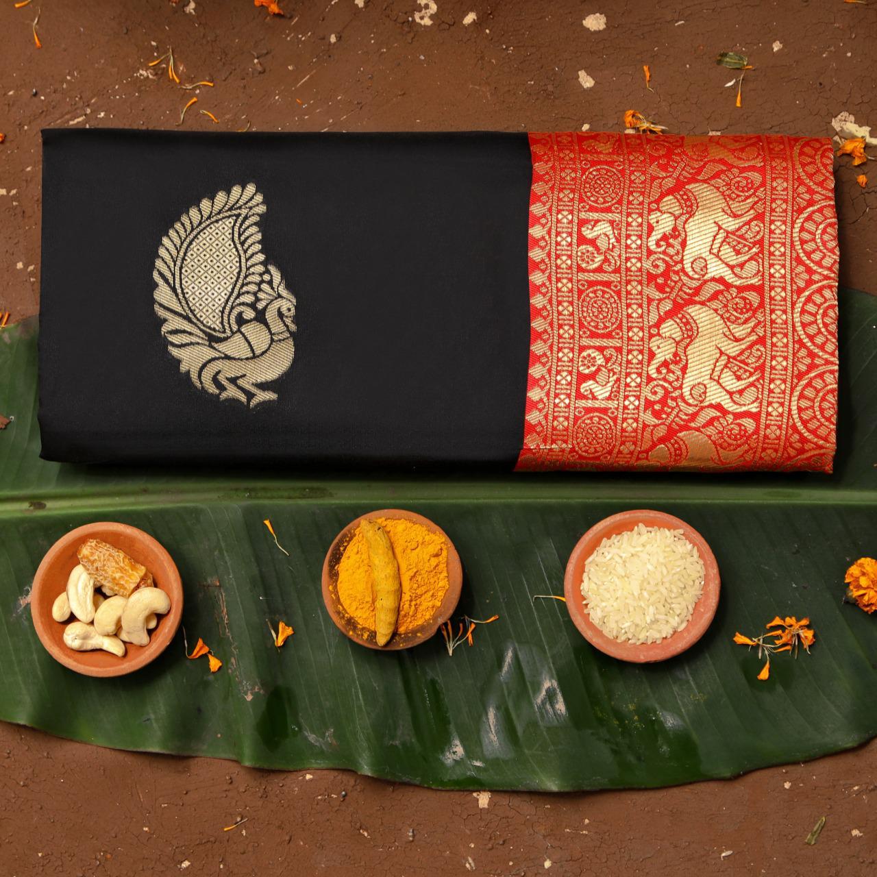 Scintillating Black Soft Silk Saree With Magnetic Blouse Piece