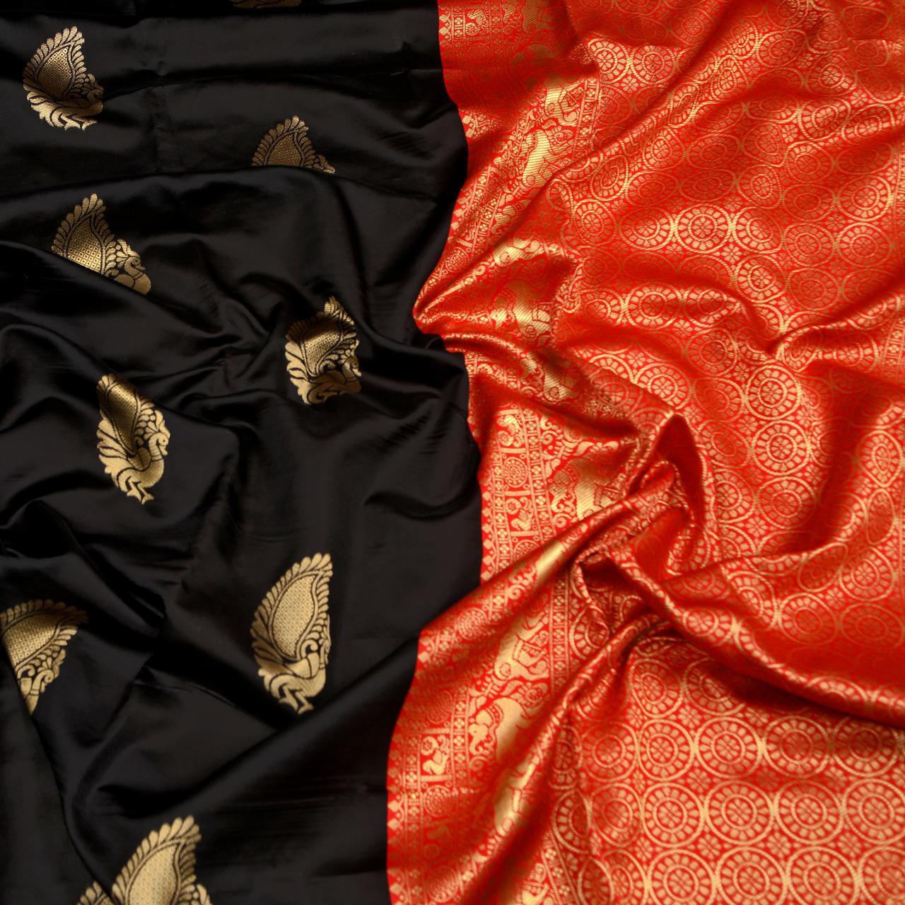 Scintillating Black Soft Silk Saree With Magnetic Blouse Piece