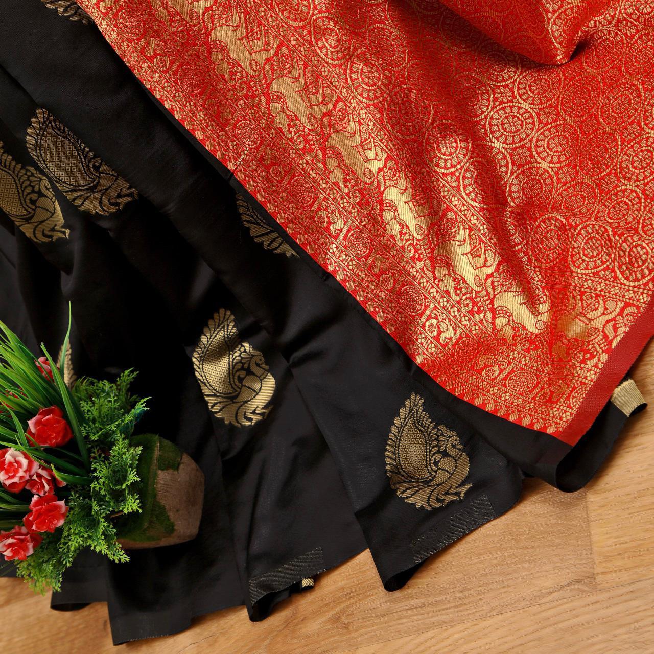 Scintillating Black Soft Silk Saree With Magnetic Blouse Piece