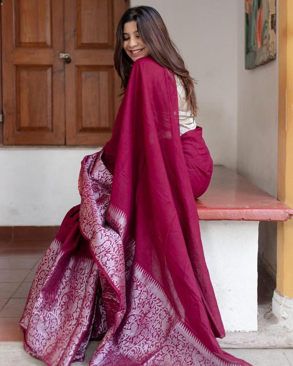 Enriching Wine Soft Silk Saree With Stylish Blouse Piece