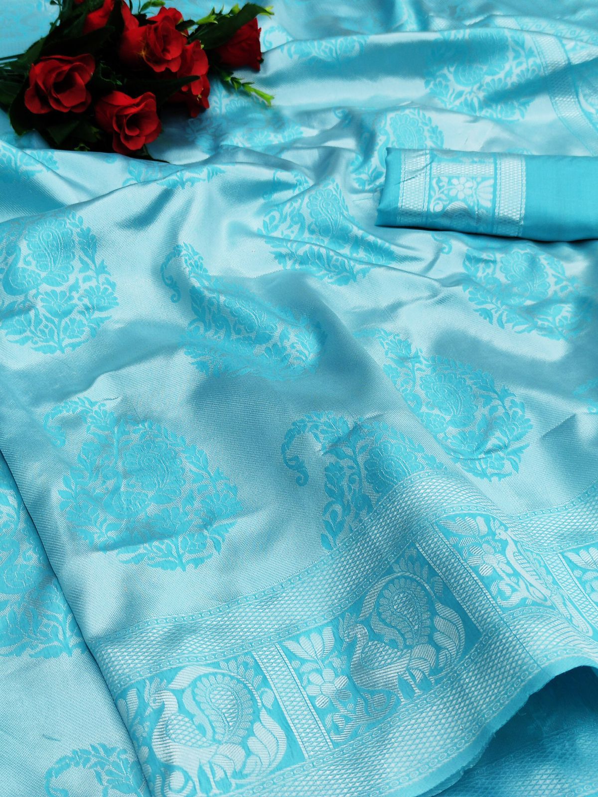 Euphonious Firozi Banarasi Silk Saree With Dulcet Blouse Piece