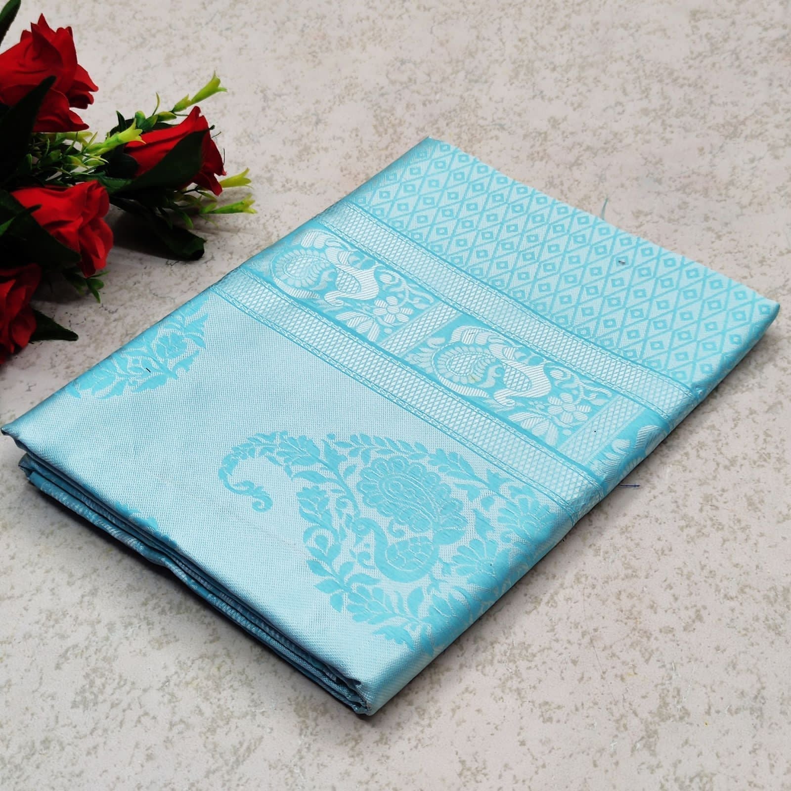 Euphonious Firozi Banarasi Silk Saree With Dulcet Blouse Piece