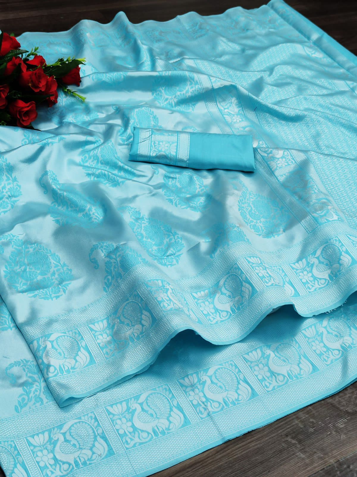 Euphonious Firozi Banarasi Silk Saree With Dulcet Blouse Piece