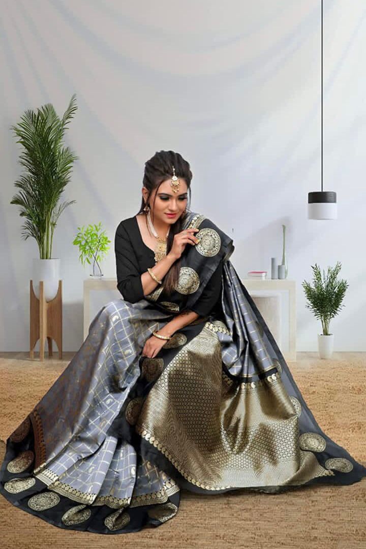 Luxurious Grey Soft Silk Saree With Trendy Blouse Piece