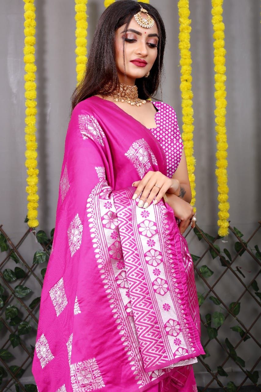 Captivating Pink Soft Silk Saree With Charming Blouse Piece
