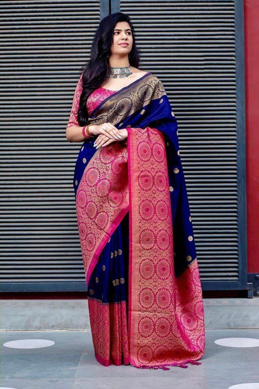 Angelic Blue Banarasi Silk Saree With Tuneful Blouse Piece
