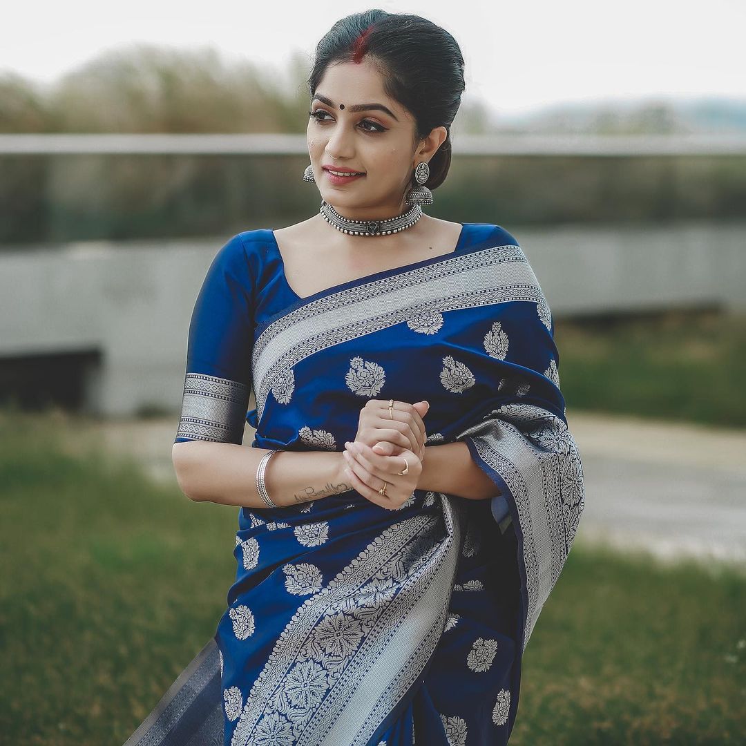 Gorgeous Navy Blue Banarasi Silk Saree With Aesthetic Blouse Piece