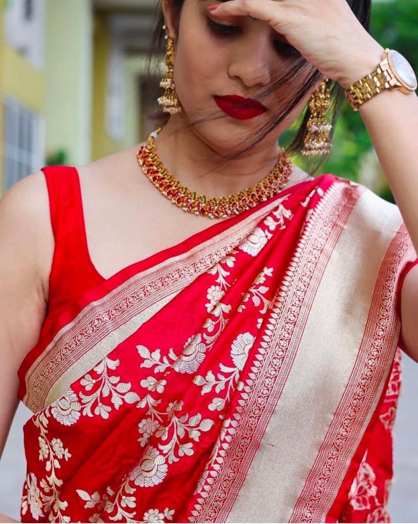 Sophisticated Red Banarasi Silk Saree With Opulent Blouse Piece