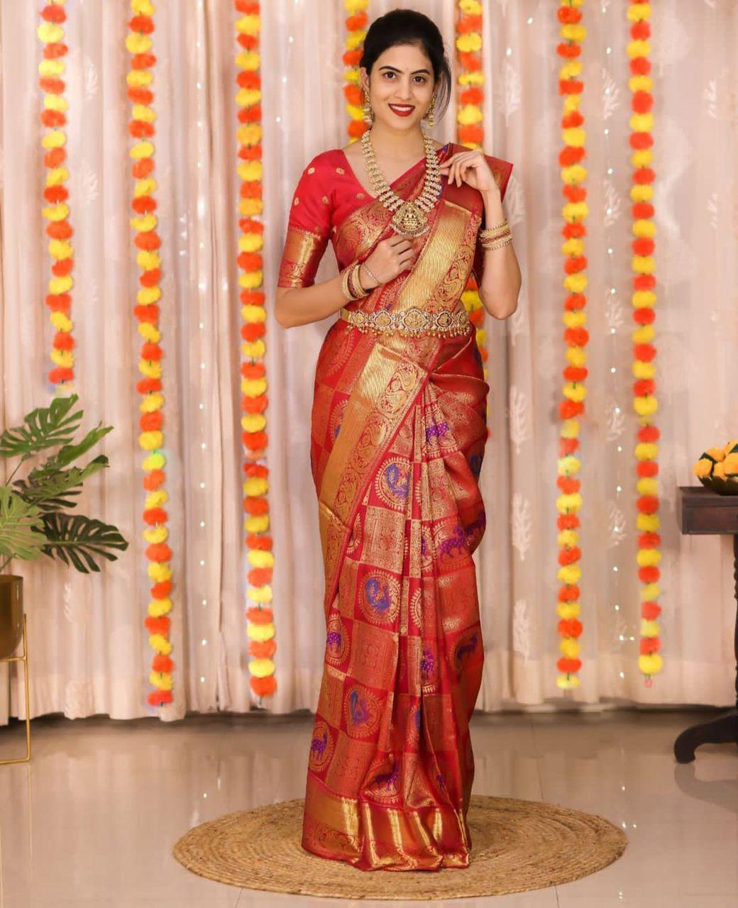 Lissome Red Soft Silk Saree With Lovely Blouse Piece