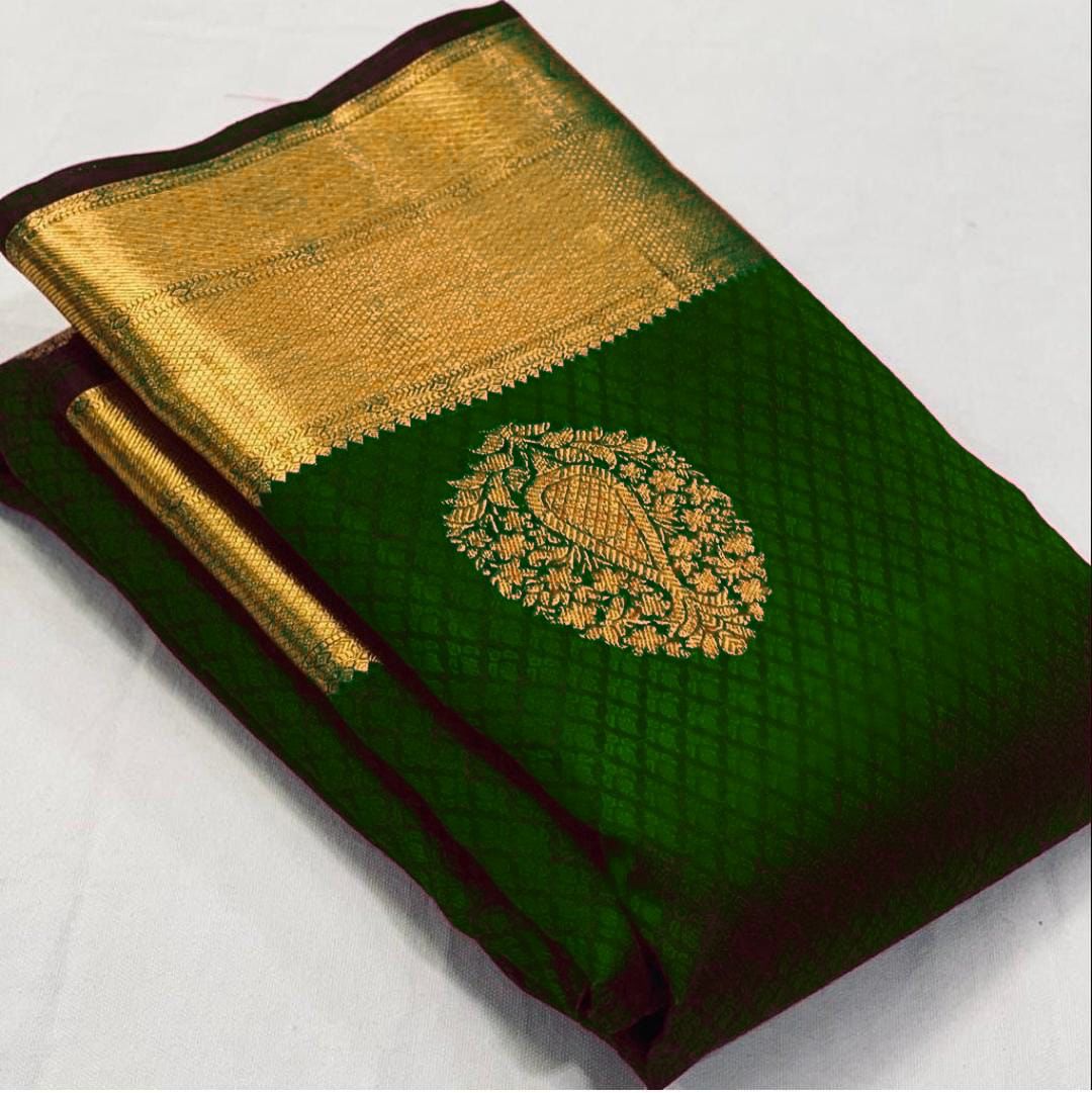 Sublime Dark Green Banarasi Silk Saree With Ornate Blouse Piece
