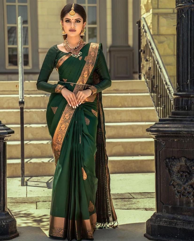 Evocative Green Soft Silk Saree With Unique Blouse Piece