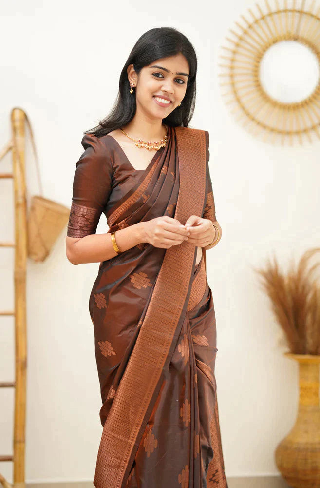 Heartwarming Brown Soft Silk Saree With Vibrant Blouse Piece