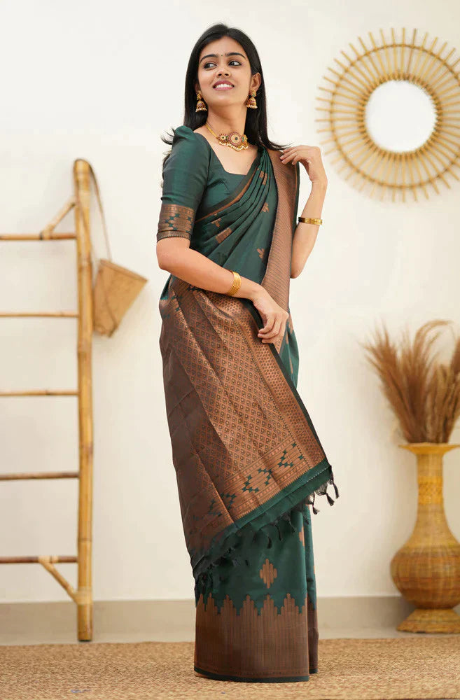 Hypnotic Dark Green Soft Silk Saree With Vibrant Blouse Piece