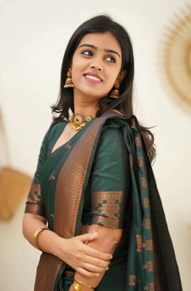 Hypnotic Dark Green Soft Silk Saree With Vibrant Blouse Piece