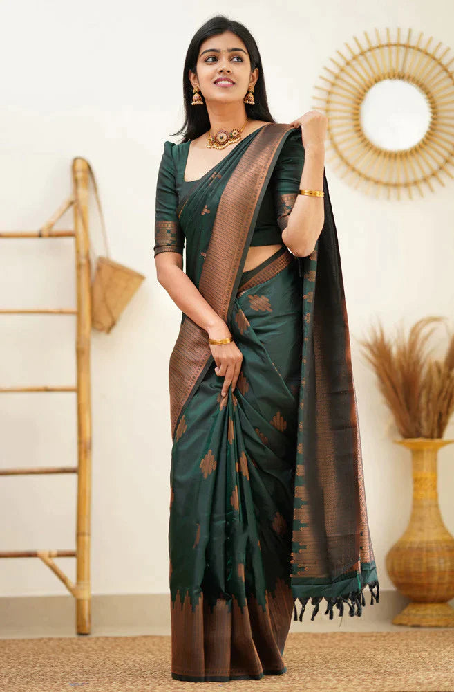 Hypnotic Dark Green Soft Silk Saree With Vibrant Blouse Piece