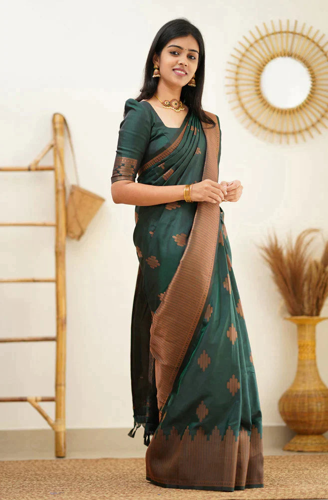 Hypnotic Dark Green Soft Silk Saree With Vibrant Blouse Piece