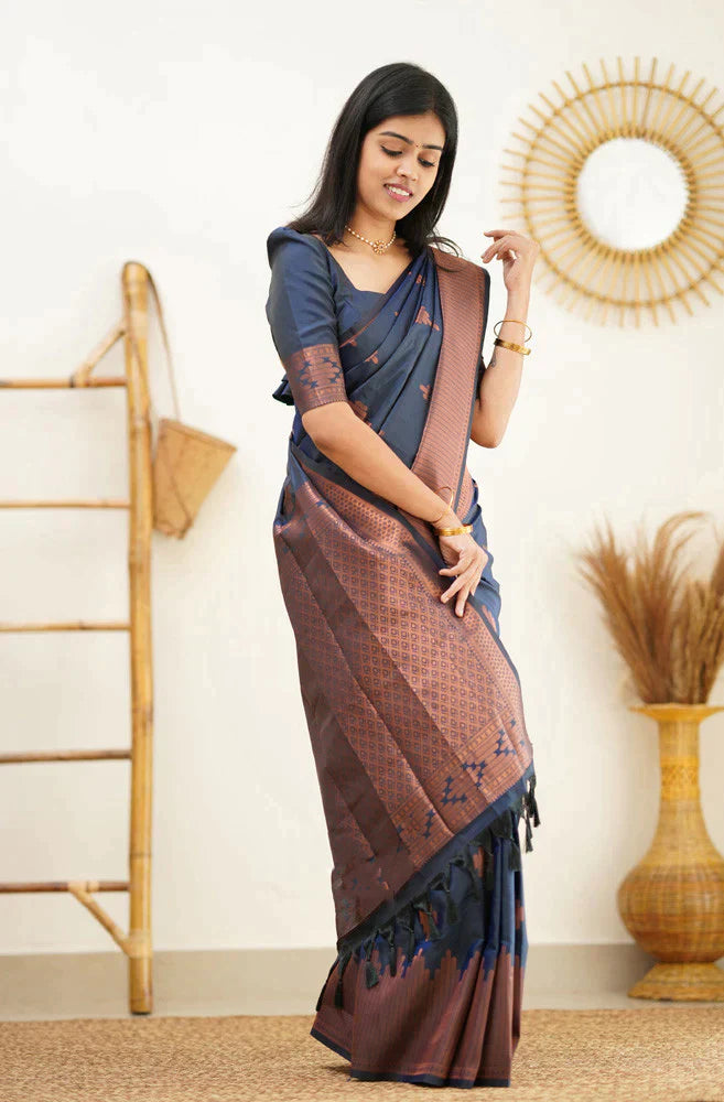 Mesmerizing Navy Blue Soft Silk Saree With Vibrant Blouse Piece