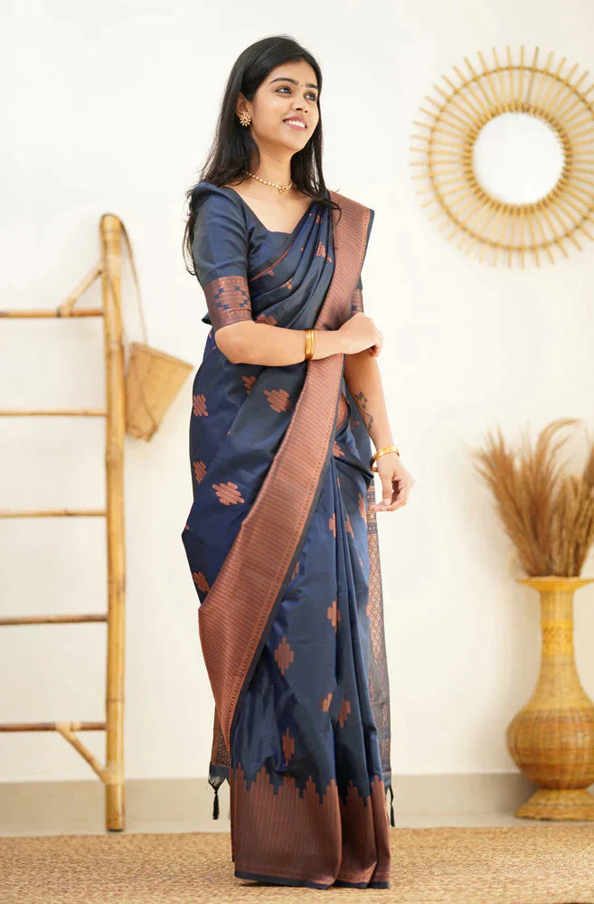 Mesmerizing Navy Blue Soft Silk Saree With Vibrant Blouse Piece