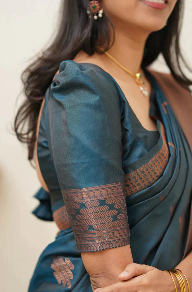 Spellbinding Rama Soft Silk Saree With Vibrant Blouse Piece