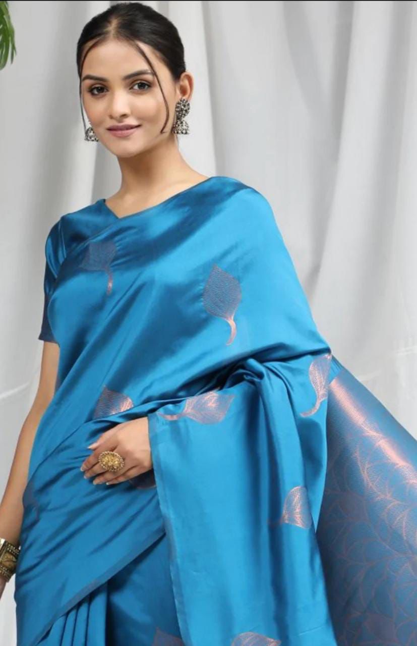 Bewitching Firozi Soft Silk Saree With Angelic Blouse Piece