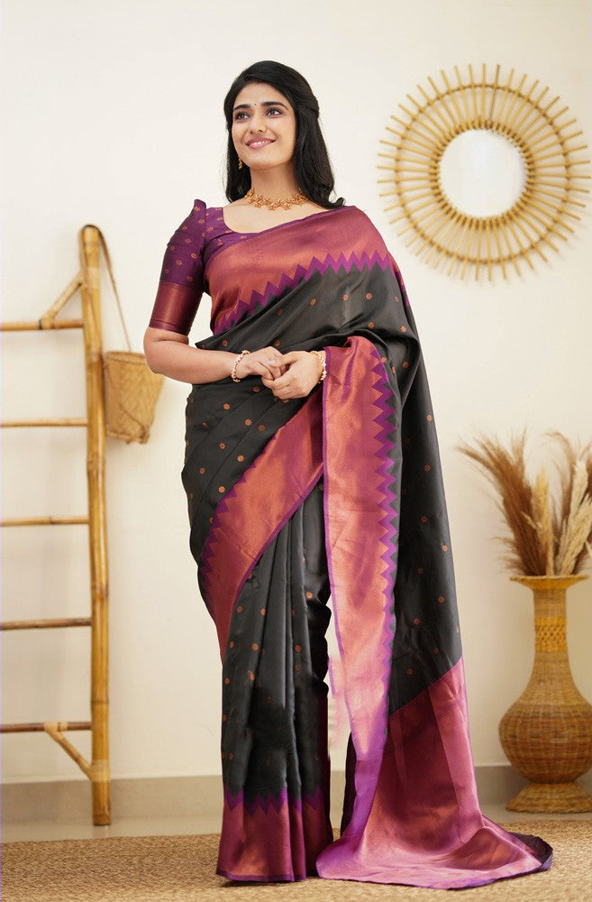 Stunning Black Soft Silk Saree With Gorgeous Blouse Piece