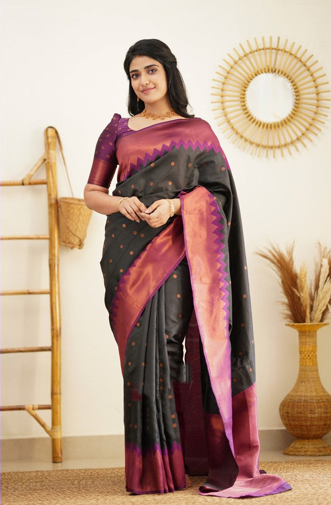 Stunning Black Soft Silk Saree With Gorgeous Blouse Piece