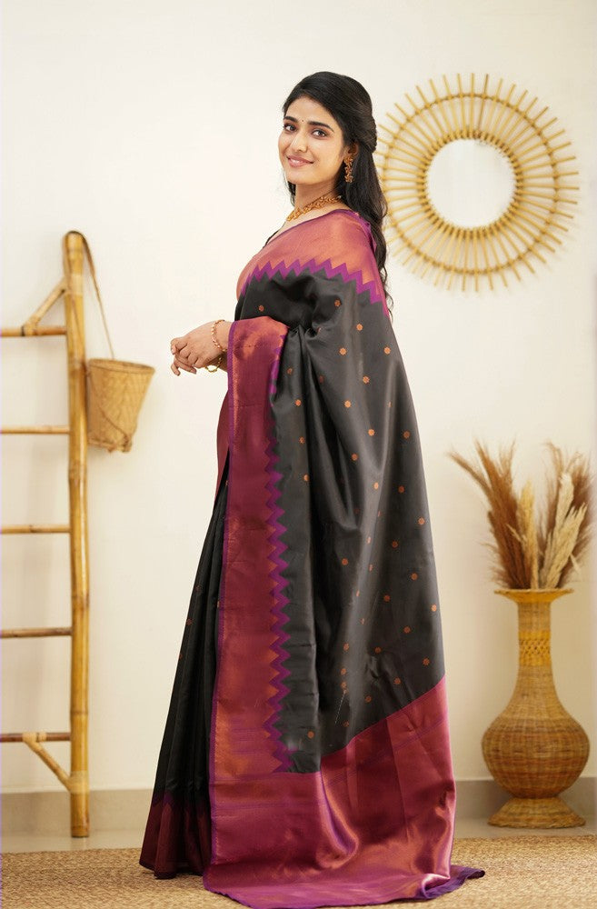 Stunning Black Soft Silk Saree With Gorgeous Blouse Piece
