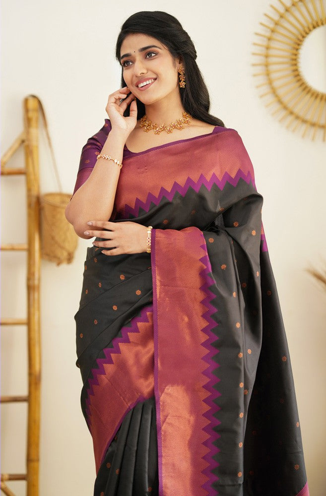 Stunning Black Soft Silk Saree With Gorgeous Blouse Piece