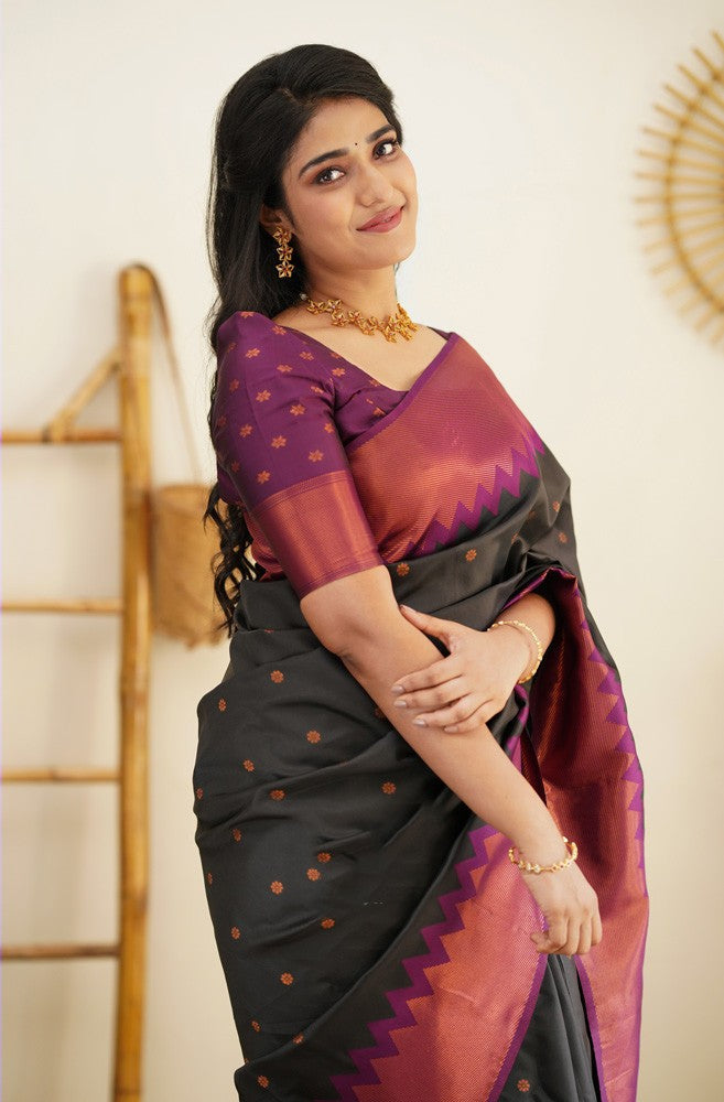 Stunning Black Soft Silk Saree With Gorgeous Blouse Piece