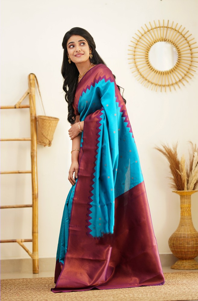 Elegant Firozi Soft Silk Saree With Charming Blouse Piece