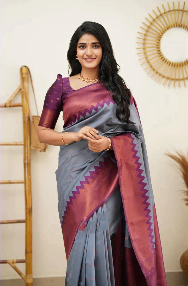 Pretty Grey Soft Silk Saree With Captivating Blouse Piece