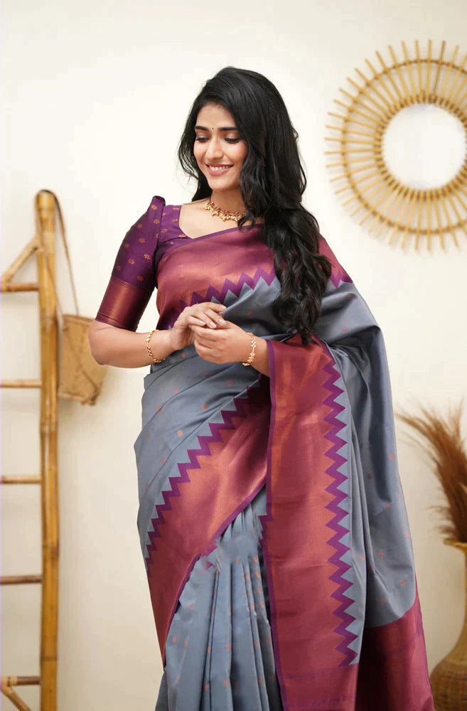 Pretty Grey Soft Silk Saree With Captivating Blouse Piece