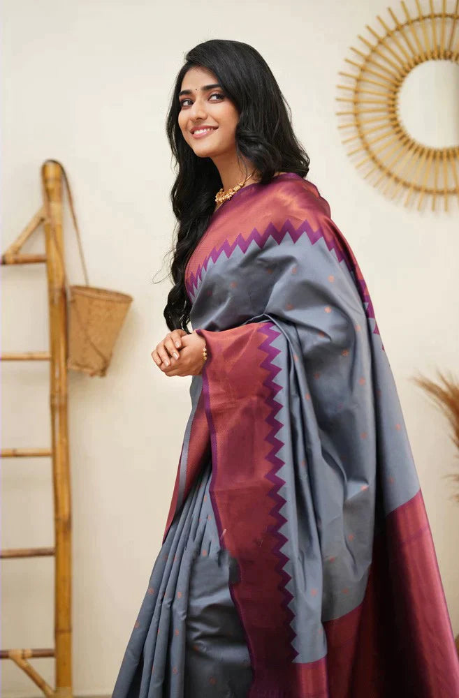 Pretty Grey Soft Silk Saree With Captivating Blouse Piece