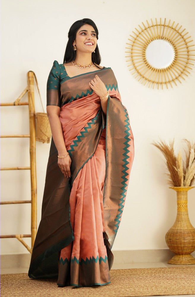 Radiant Peach Soft Silk Saree With Lovely Blouse Piece