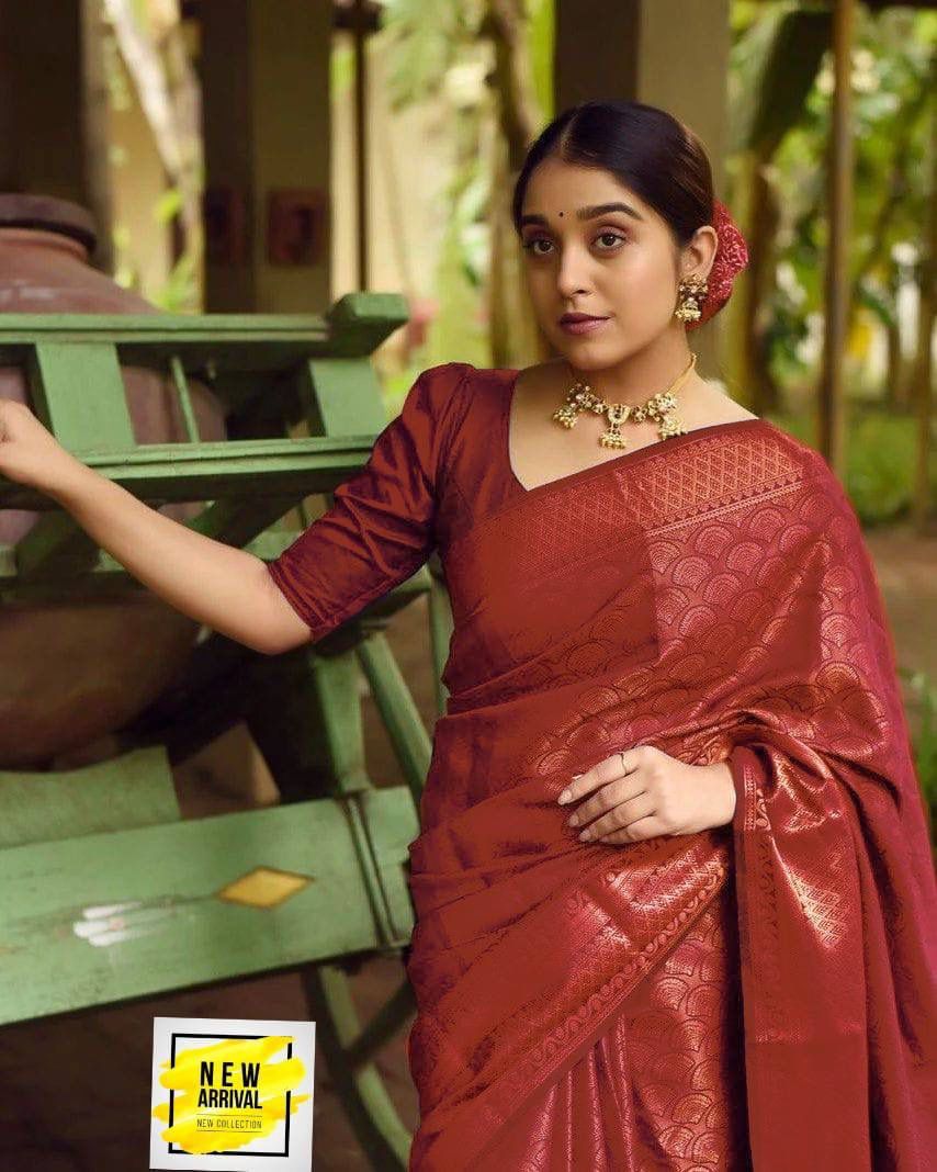 Spellbinding Maroon Soft Silk Saree With Luminous Blouse Piece