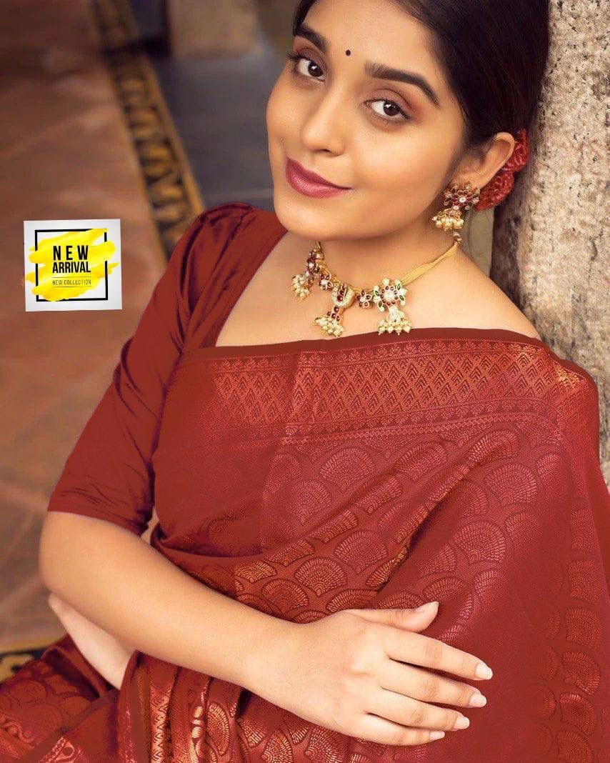 Spellbinding Maroon Soft Silk Saree With Luminous Blouse Piece