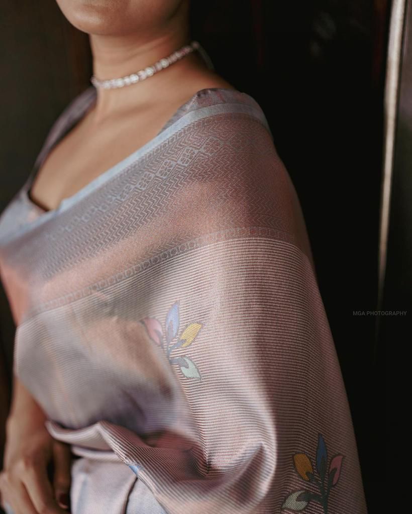 Stunning Grey Banarasi Silk Saree With Gorgeous Blouse Piece