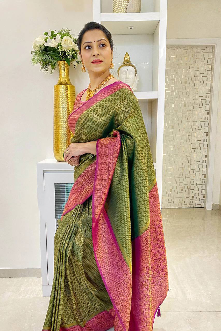 Glamorous Green Soft Silk Saree With Ethereal Blouse Piece