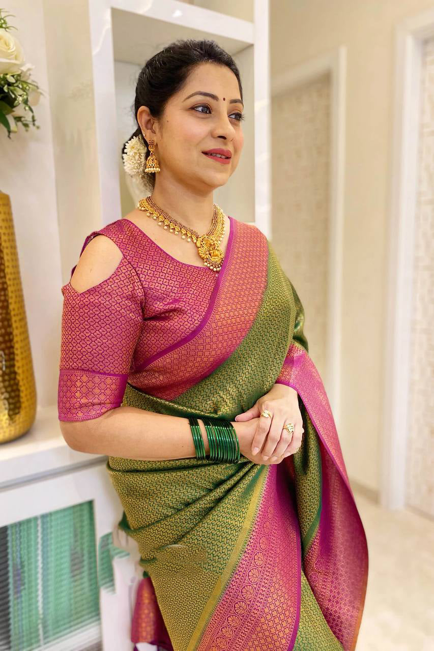 Glamorous Green Soft Silk Saree With Ethereal Blouse Piece