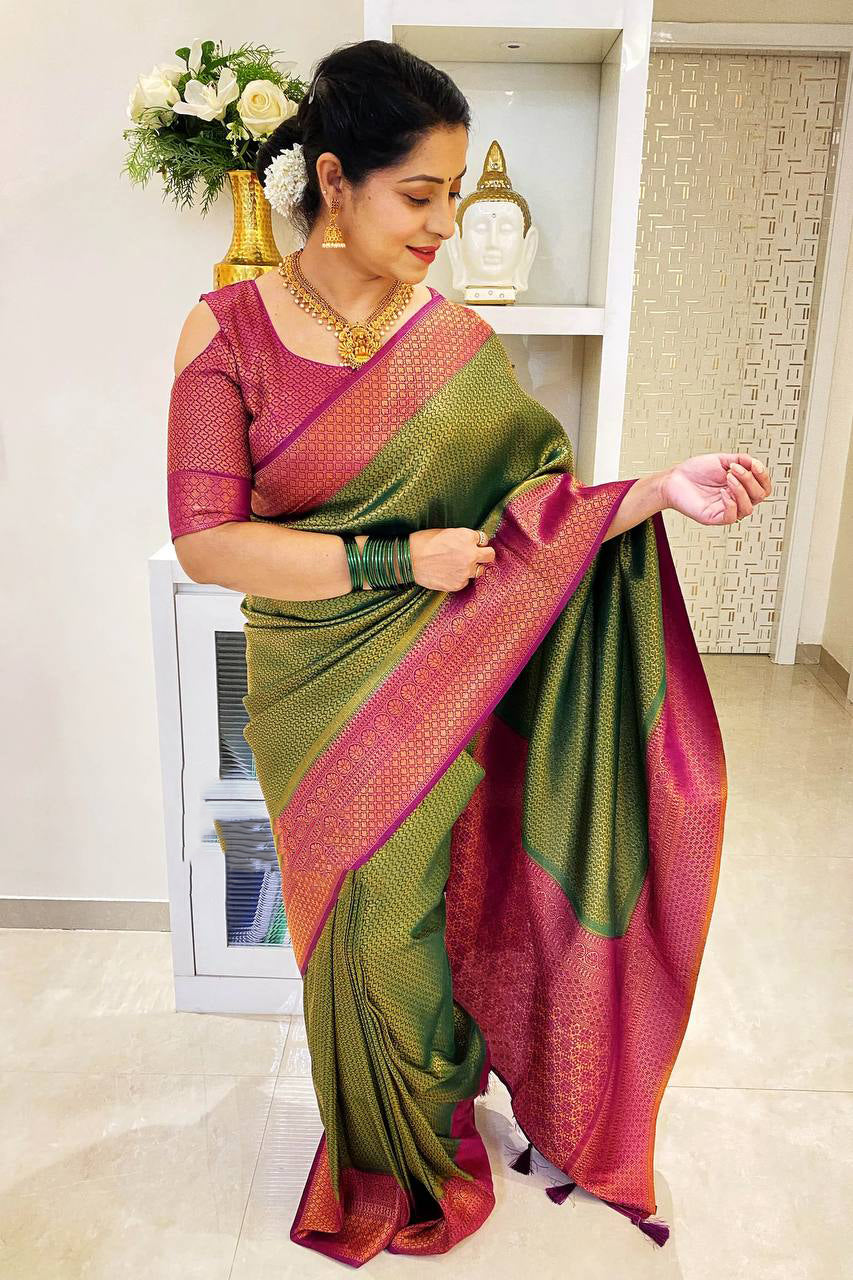 Glamorous Green Soft Silk Saree With Ethereal Blouse Piece