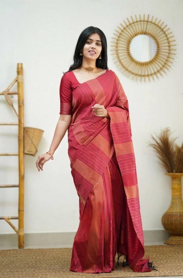 Angelic Red Soft Silk Saree With Majestic Blouse Piece