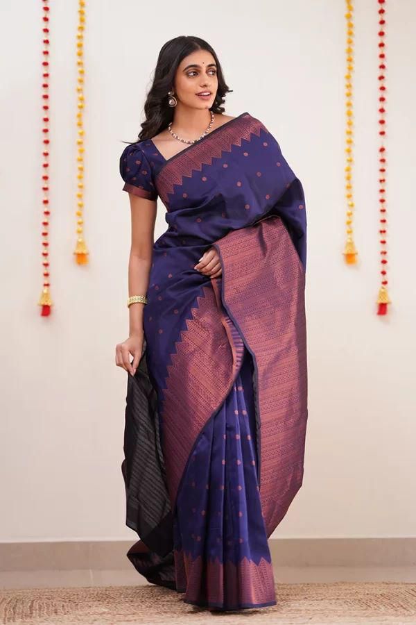 Elegant Navy Blue Soft Silk Saree With Fetching Blouse Piece