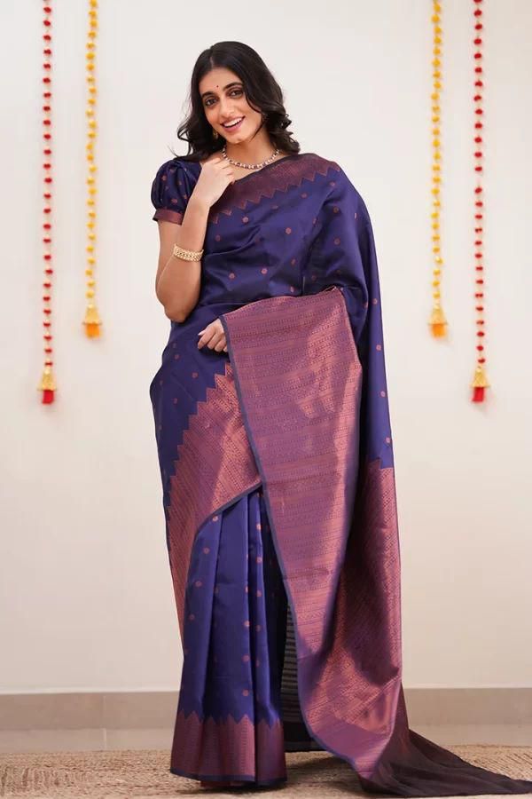 Elegant Navy Blue Soft Silk Saree With Fetching Blouse Piece