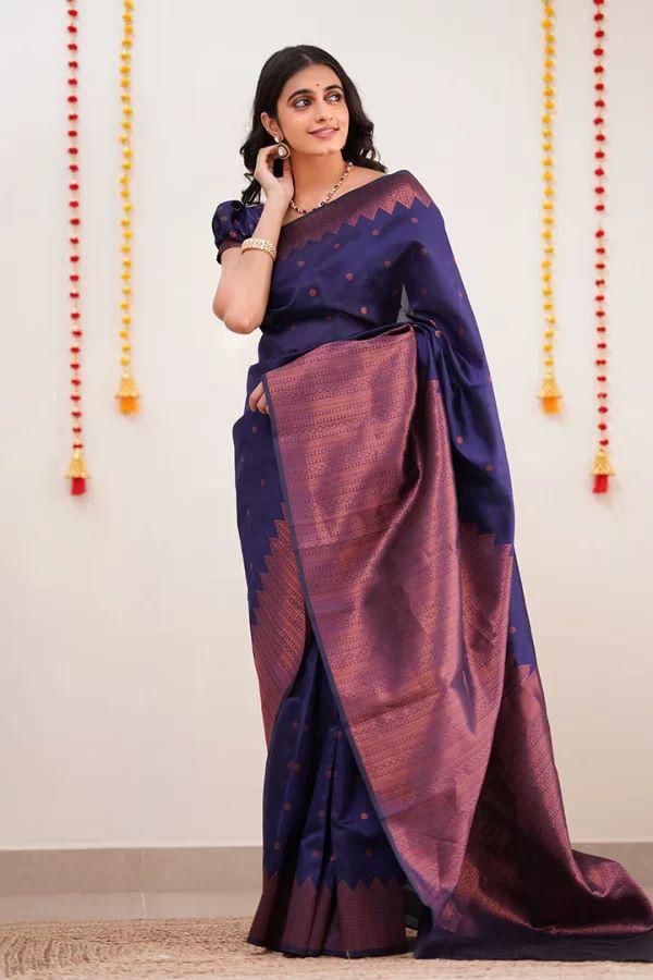 Elegant Navy Blue Soft Silk Saree With Fetching Blouse Piece