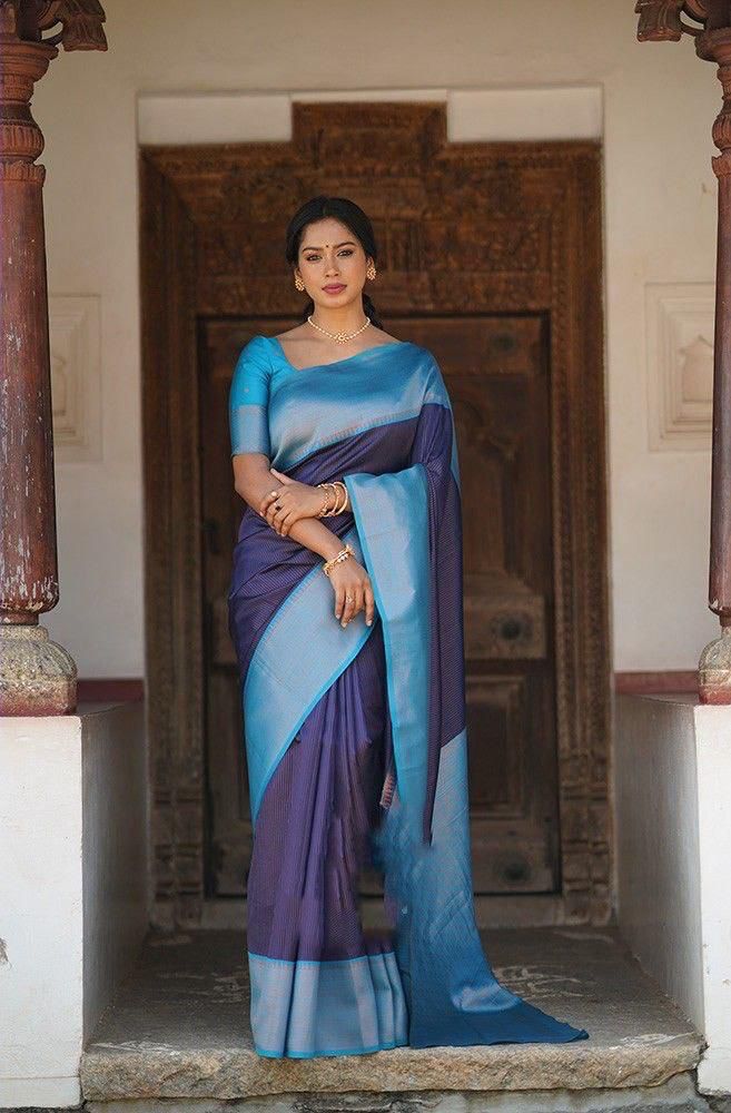 Stunning Blue Soft Silk Saree With Graceful Blouse Piece